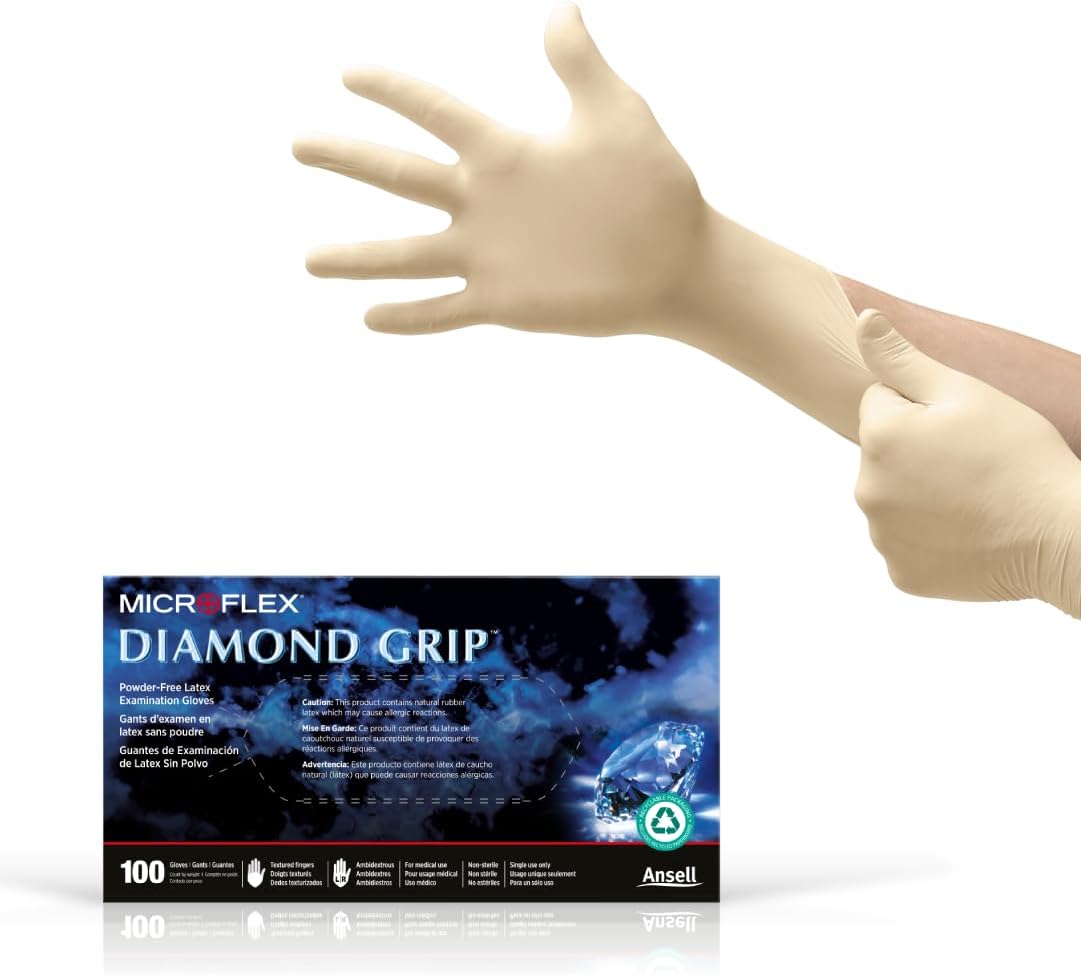 Ansell Microflex Diamond Grip MF-300 Disposable Latex Gloves for Automotive, Healthcare, Machinery Industries